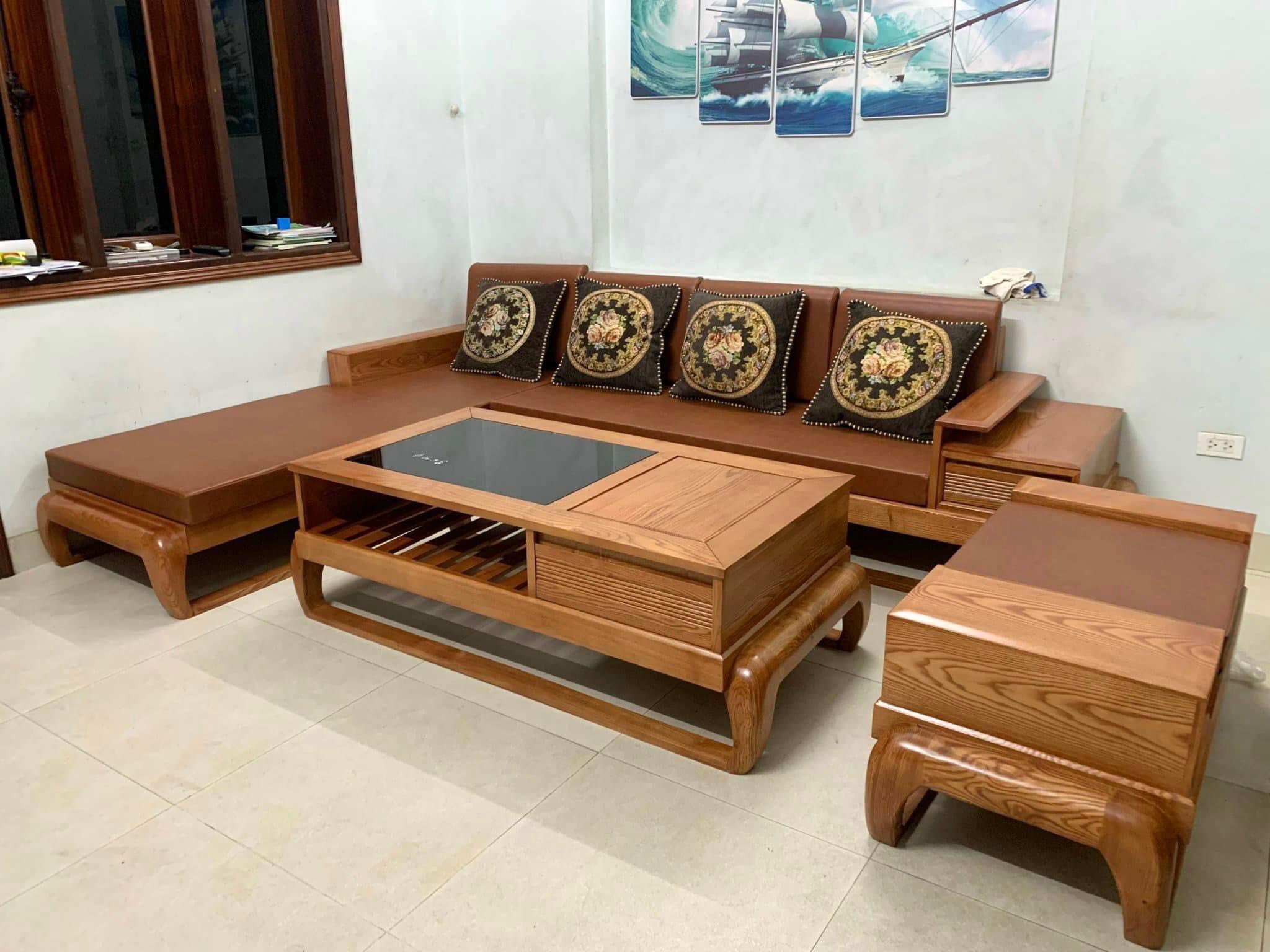 Bộ sofa gỗ phòng khách góc L gỗ tần bì